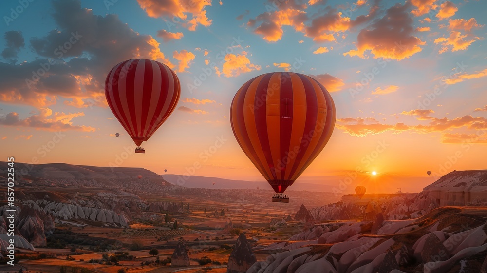 Fototapeta premium Goreme village, Cappadocia, Turkey, hot air balloons, sunset, scenic landscape, adventure tourism, travel destination.