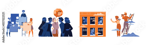 Mass Emigration with People Characters Adapting and Settling in New Country Vector Set