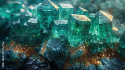 A collection of vivid green crystals with intricate surface details, showcasing the beauty and complexity of natural minerals in a visually stunning arrangement. © Janko