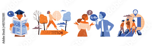 Mass Emigration with People Characters Adapting and Settling in New Country Vector Set