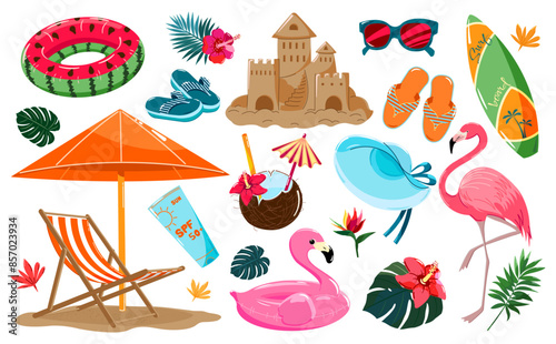 A set of summer clip art for scrapbooking, design elements for posters, flyers and banners. Includes a sand castle, chaise lounge, swim lap, flamingo, tropical flowers, cocktail, surfboard.