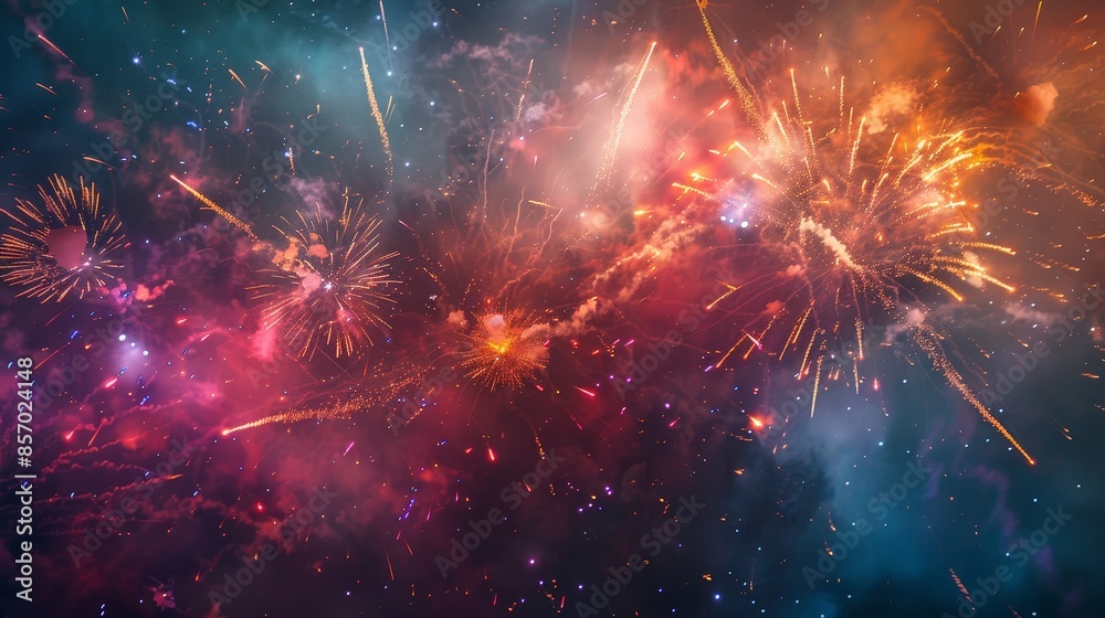 Visualize a vibrant Fourth of July celebration. Picture colorful fireworks lighting up the night sky, with trails of smoke adding to the festive and dynamic atmosphere of the event. Visualize a vibrant Fourth of July celebration. Picture colorful fireworks lighting up the night sky, with trails of smoke adding to the festive and dynamic atmosphere of the event.