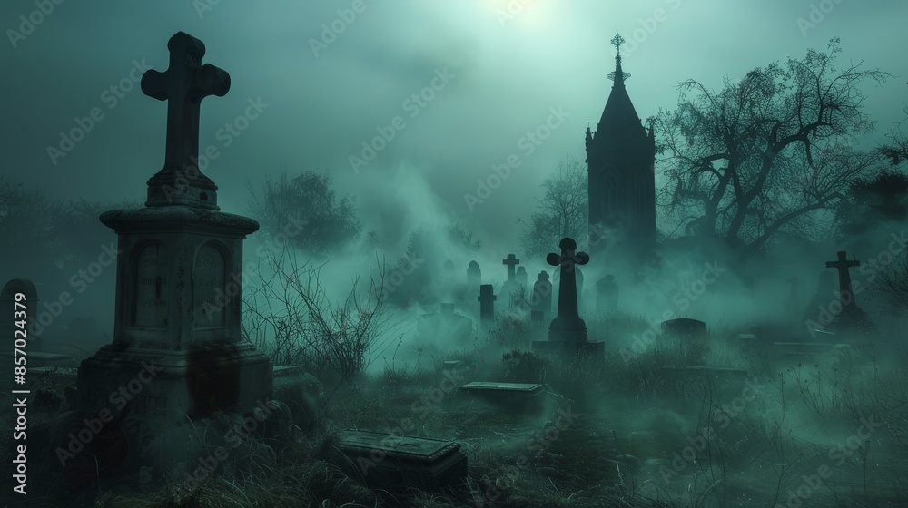 Visualize an eerie, foggy graveyard at night. Picture the ground-level smoke curling around the tombstones, adding a spooky, otherworldly atmosphere to the scene. Visualize an eerie, foggy graveyard at night. Picture the ground-level smoke curling around the tombstones, adding a spooky, otherworldly atmosphere to the scene.