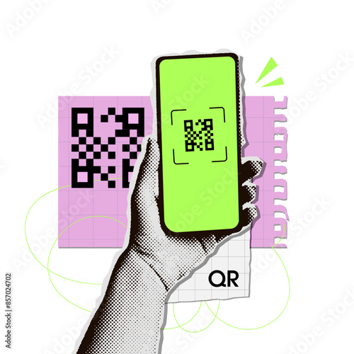 Trendy retro halftone collage of a hand with a phone scanning QR-code. 90s grunge style vector illustration. Torn out paper stickers