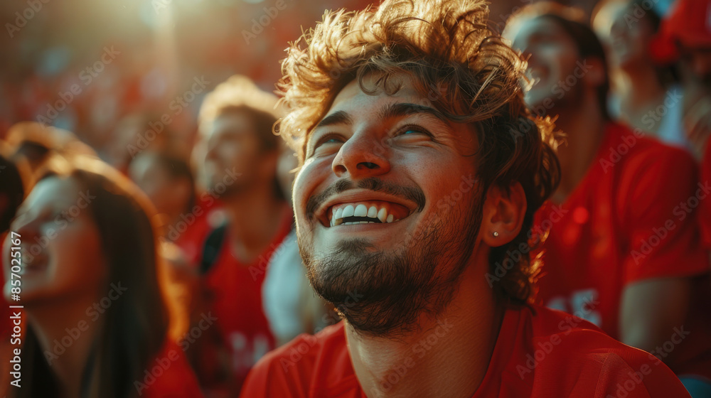 Joyful young man smiling and cheering among a crowd of fans at a lively sports event, capturing the excitement and energy. Joyful young man smiling and cheering among a crowd of fans at a lively sports event, capturing the excitement and energy.