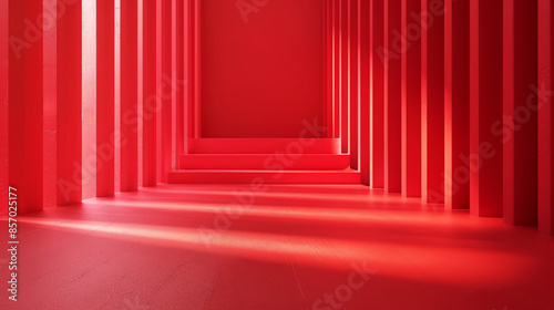 Sunlight illuminating an empty red room with stairs and pillars casting shadows on the ground