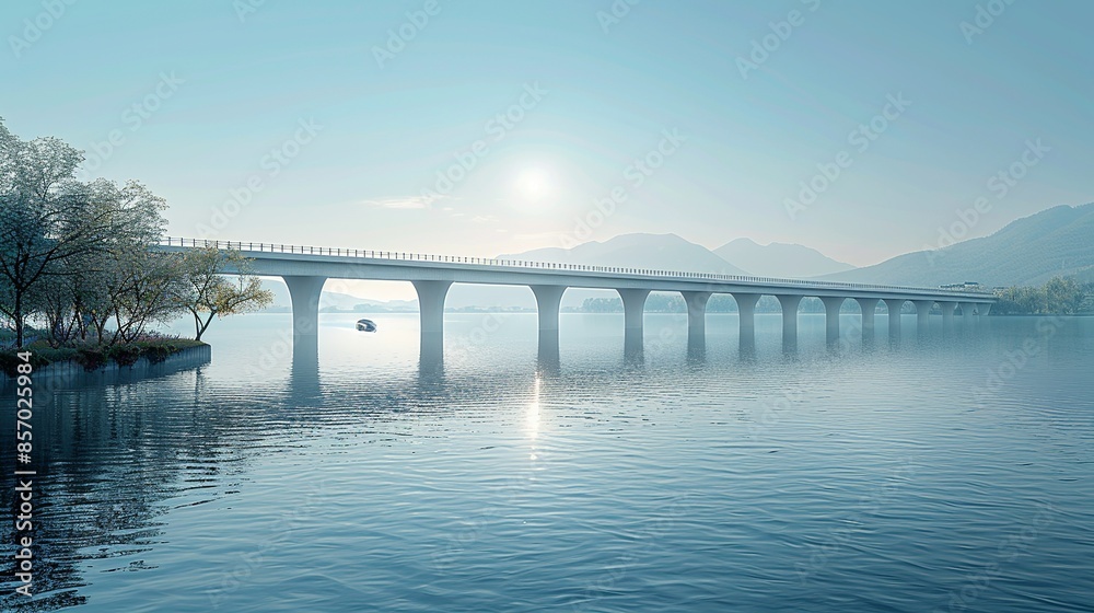 A bridge spanning a wide river, with the water shimmering in the sunlight as the car crosses to the other side. Illustration, Minimalism, A bridge spanning a wide river, with the water shimmering in the sunlight as the car crosses to the other side. Illustration, Minimalism,