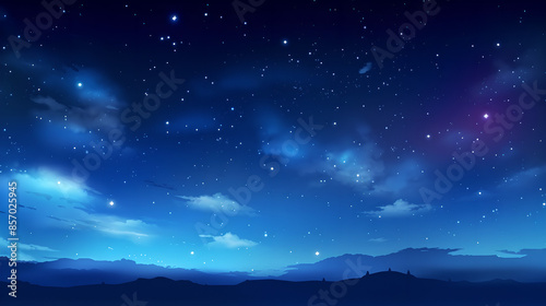 Starry night sky over distant mountains, creating a tranquil and cosmic atmosphere. Concept of astronomy, serenity, and nature's beauty. 