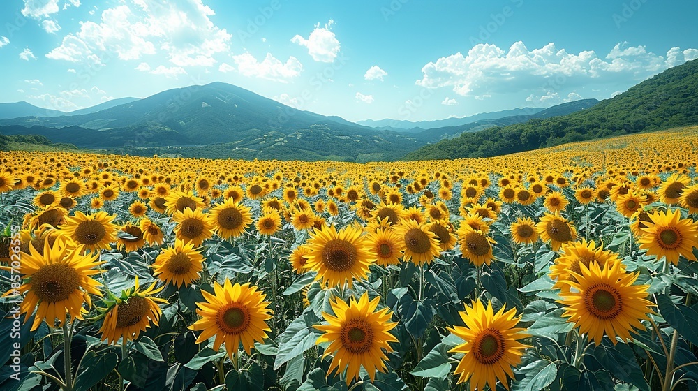 Obraz premium A field of sunflowers swaying in the breeze, their bright yellow petals creating a cheerful scene as seen from the car window. Illustration, Minimalism,