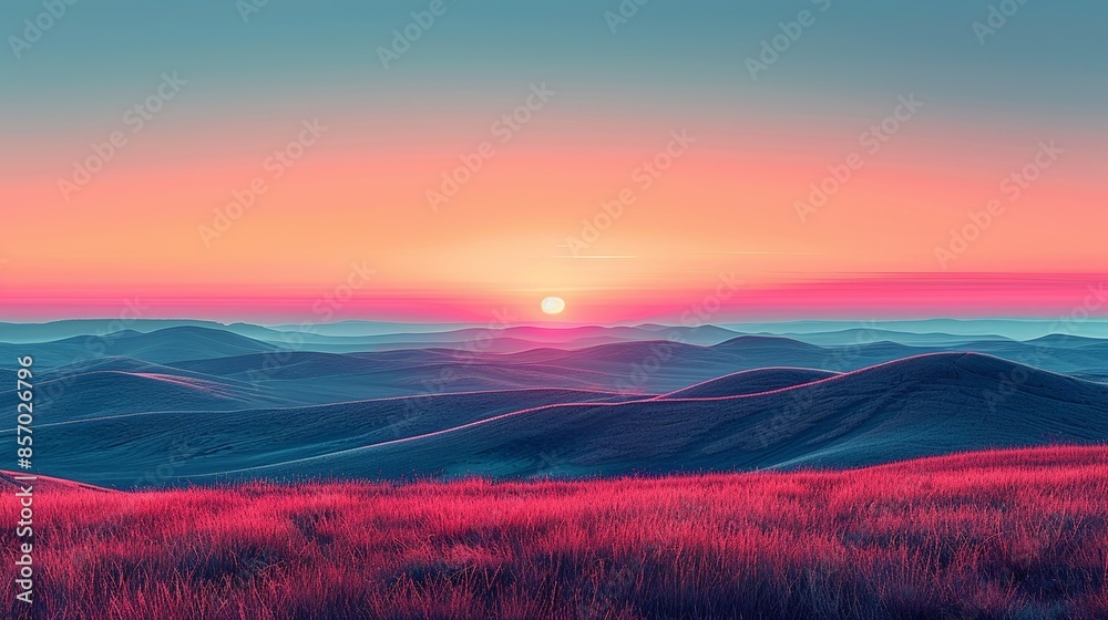 A colorful sunrise painting the sky with hues of pink and orange, casting a warm glow over the landscape. Illustration, Minimalism, A colorful sunrise painting the sky with hues of pink and orange, casting a warm glow over the landscape. Illustration, Minimalism,