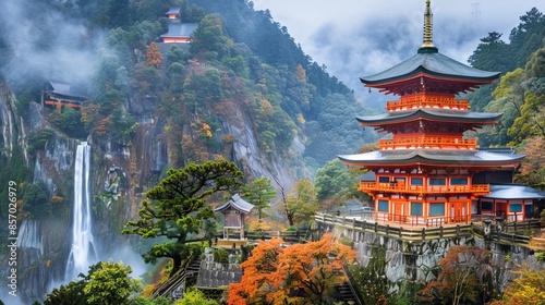 Kumano Nachi Taisha Shrine with Waterfalls, Autumn Season, Kumano, Japan