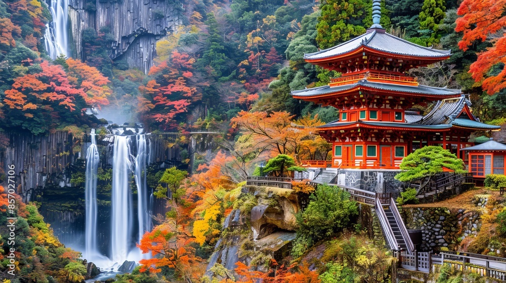 Obraz premium Kumano Nachi Taisha Shrine with Waterfalls, Autumn Season, Kumano, Japan