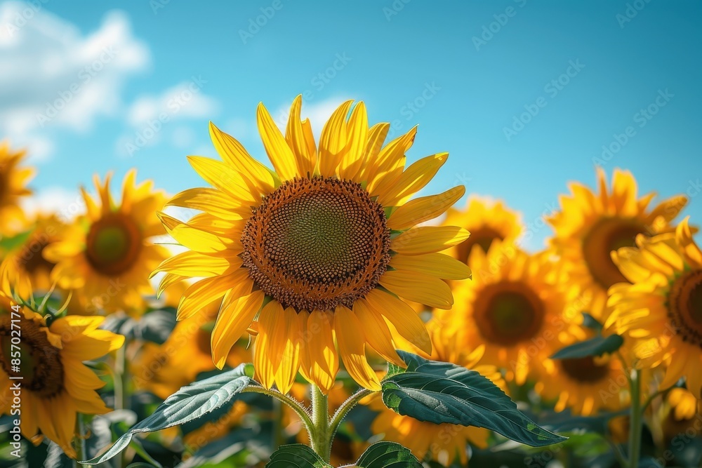 A field of sunflowers in full bloom, with a clear blue sky overhead. A field of sunflowers in full bloom, with a clear blue sky overhead.