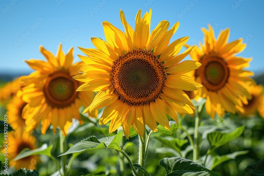 A field of sunflowers in full bloom, with a clear blue sky overhead. A field of sunflowers in full bloom, with a clear blue sky overhead.