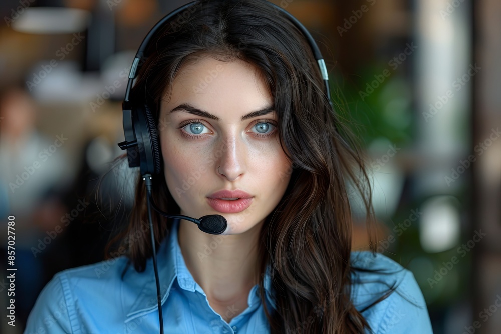 Portrait of a young serious and confident women wearing a headset, in the office, looking at the camera. Portrait of a young serious and confident women wearing a headset, in the office, looking at the camera.