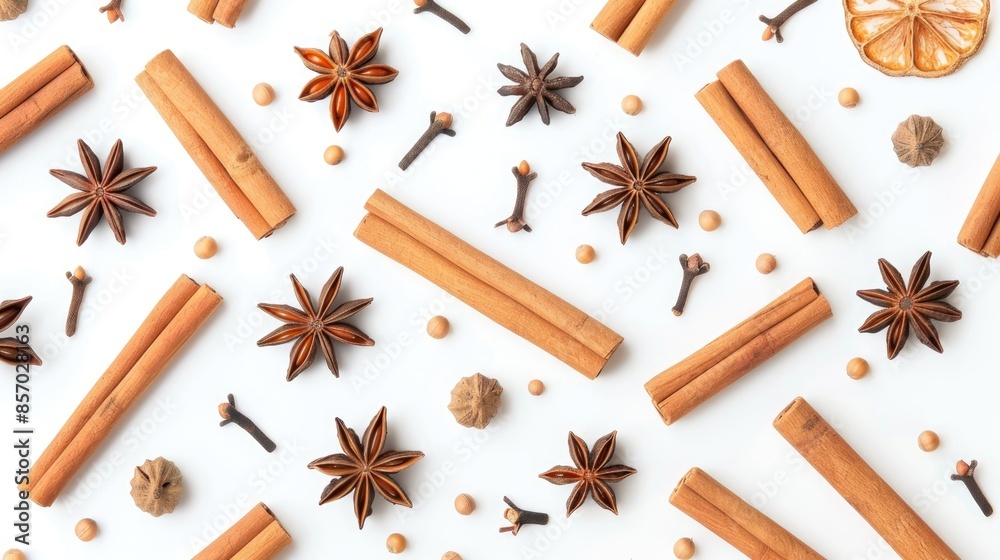 Cinnamon Sticks, Star Anise, and Cloves on White Background