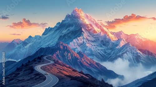 A winding road leading up to a majestic mountain peak, with the car ascending higher and higher into the alpine landscape. Illustration, Minimalism,