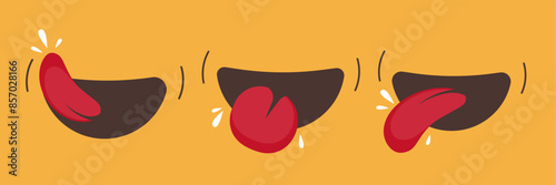 Yummy delicious tasty eat mouth with tongue icon vector graphic smile illustration set, passion lick simple element cute funny cartoon isolated image clip art