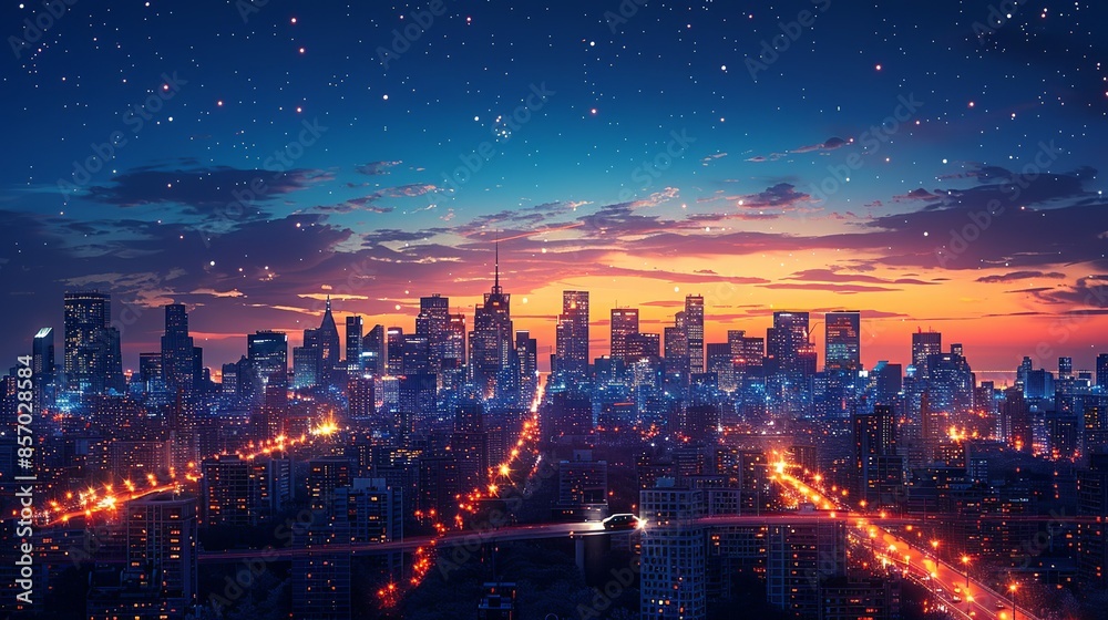 Fototapeta premium A bustling city skyline illuminated against the night sky, with the car driving through the urban landscape as lights twinkle below. Illustration, Minimalism,