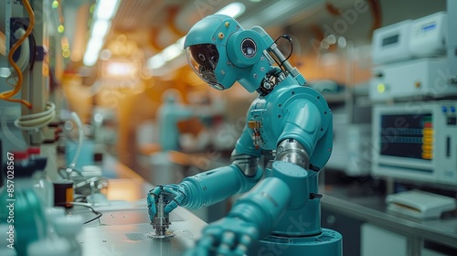 An AI-enabled robotic arm performs a minimally invasive surgery under the supervision of a skilled surgeon, emphasizing the fusion of technology and human skill. 