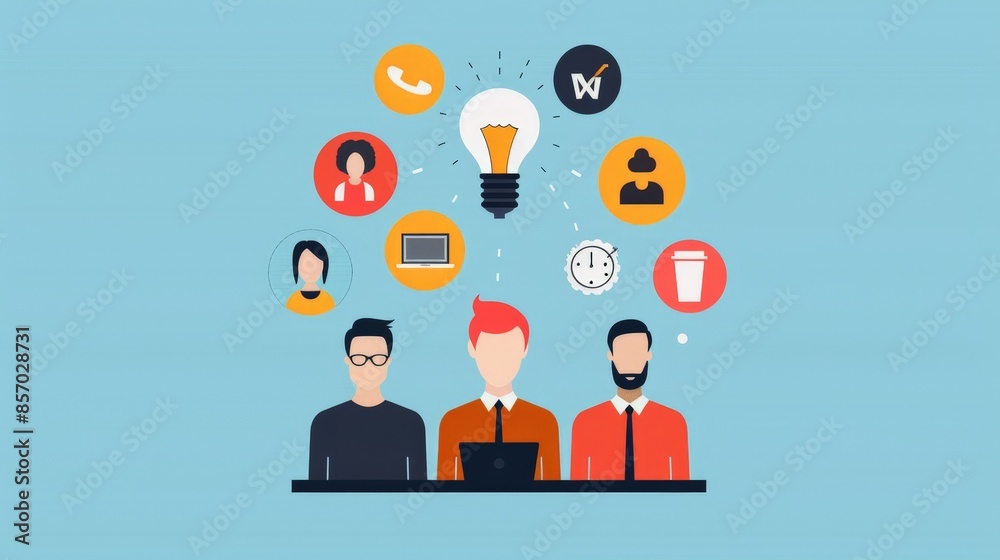 Collaborative Business Colleagues in Minimalist 2D Flat Illustration Brainstorming via Video Conference with Shared Ideas Icons Collaborative Business Colleagues in Minimalist 2D Flat Illustration Brainstorming via Video Conference with Shared Ideas Icons