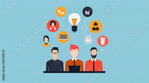 Collaborative Business Colleagues in Minimalist 2D Flat Illustration Brainstorming via Video Conference with Shared Ideas Icons