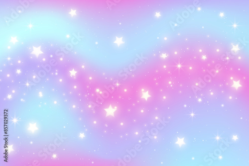 Pink unicorn sky with stars. Cute purple pastel background. Fantasy dreaming galaxy and magic wavy space with fairy light. Vector illustration