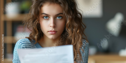 Young woman with curly hair intently reading a document, focused and serious, in an indoor setting with bookshelves. © khonkangrua