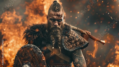 Medieval warrior berserk Viking with tattoo and in skin with axes attacks enemy in fire background 