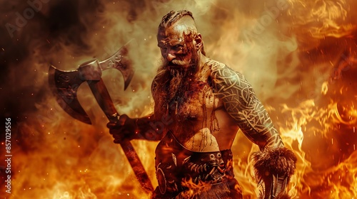 Medieval warrior berserk Viking with tattoo and in skin with axes attacks enemy in fire background 