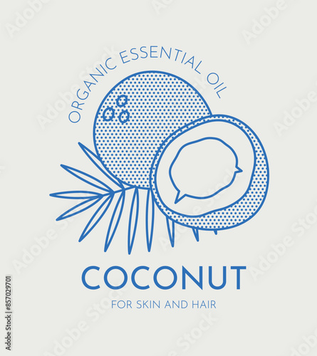 Hand drawn vector coconut illustration. Line art, retro. Plants and herbs for cosmetics. Logo template.