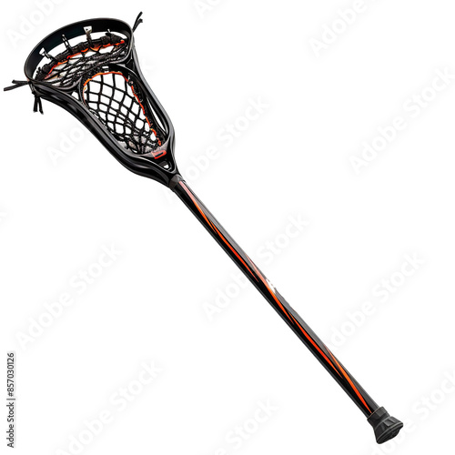 Angled view of a lacrosse stick isolated on a flat white transparent background photo