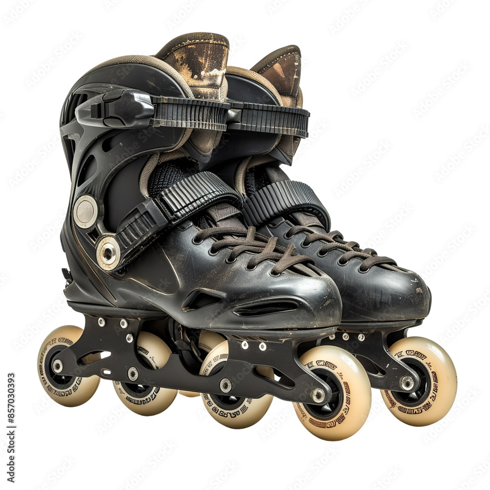 Angled view of a pair of rollerblades isolated on a flat white transparent background Angled view of a pair of rollerblades isolated on a flat white transparent background