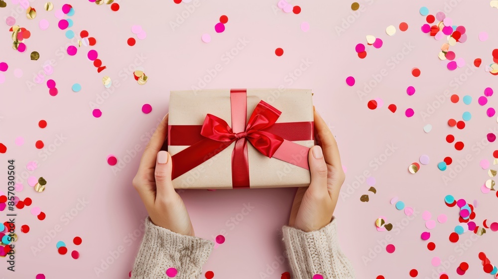 Woman hands holding a gift present box with a red bow, colorful confetti, pink background. Top view flat lay for birthdays, Christmas, wedding, Valentine's Day