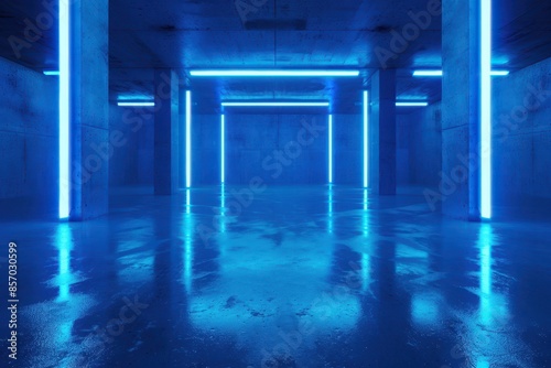 Abstract blue background with wet asphalt, neon light reflections, dark street ambiance, smog, spotlights, empty scene, and concrete floor. © Gasi