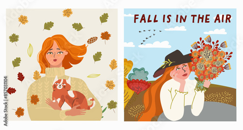 A set of fall vertical illustrations about fall with people and nature. Hand drawing vector.