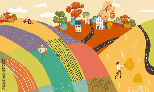 Autumn Township. Houses on hills near trees and road. Countryside and village in the fall season. Beautiful natural landscape and panorama with agricultural fields. Cartoon flat vector illustration