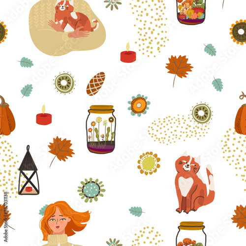 Seamless pattern design for Thanksgiving, with girl and ginger cat, lantern, jar. Vector hand drawn illustration. Cozy, hugge, abstract.