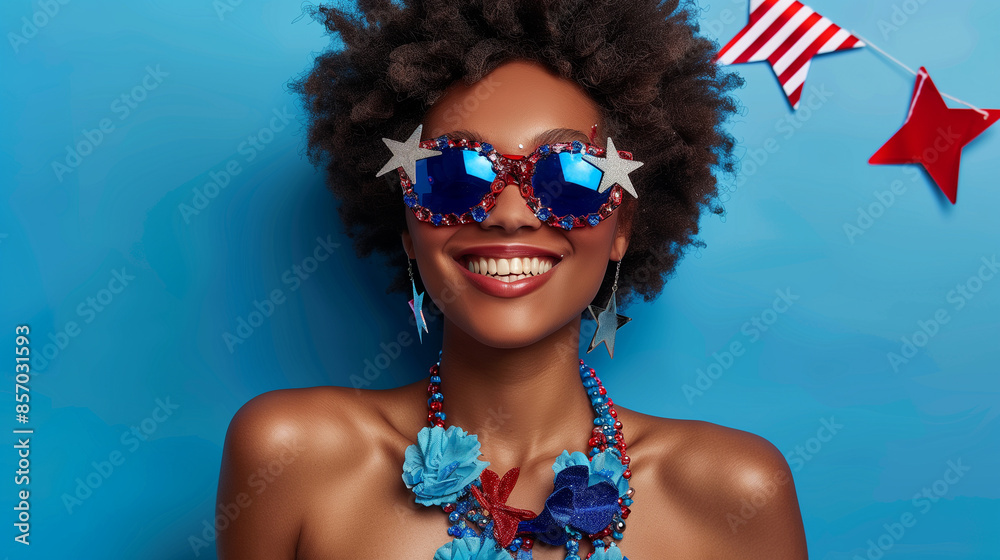 African American woman wearing colorful and vibrant American-themed accessories, smiling on a sunny day. African American woman wearing colorful and vibrant American-themed accessories, smiling on a sunny day.