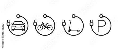 A set of icons of charging stations for an electric vehicle bicycle, scooter, etc. Parking lot for charging vehicles.