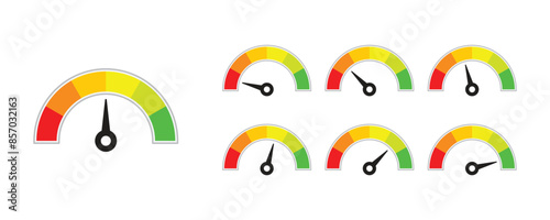 Set of colored speedometer or thermometer scales with arrows, connection speed icon.