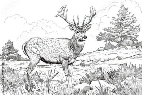Mule deer with antlers, Sketch for coloring book, Ai generated