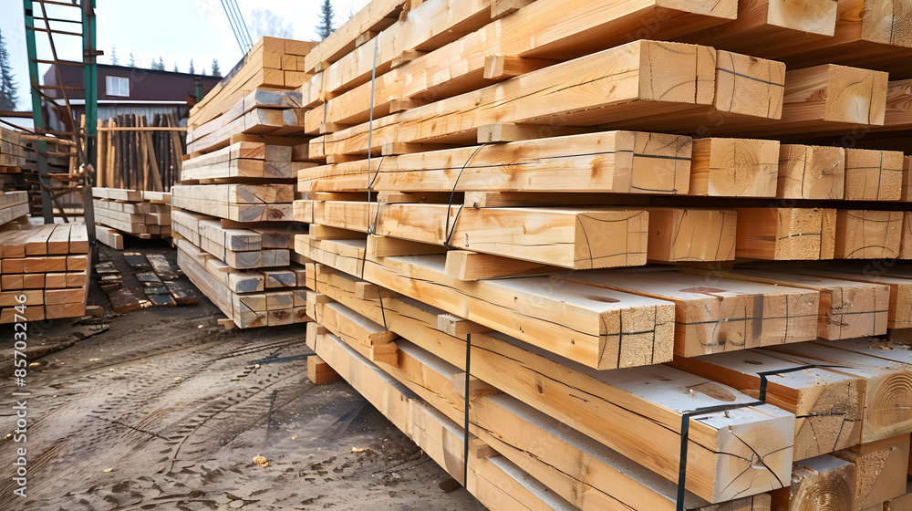 Piles of stacked lumber are neatly arranged in timber yard, ready for construction or woodworking projects. The natural grain and texture of the wood, symbolizing industry and craftsmanship Piles of stacked lumber are neatly arranged in timber yard, ready for construction or woodworking projects. The natural grain and texture of the wood, symbolizing industry and craftsmanship