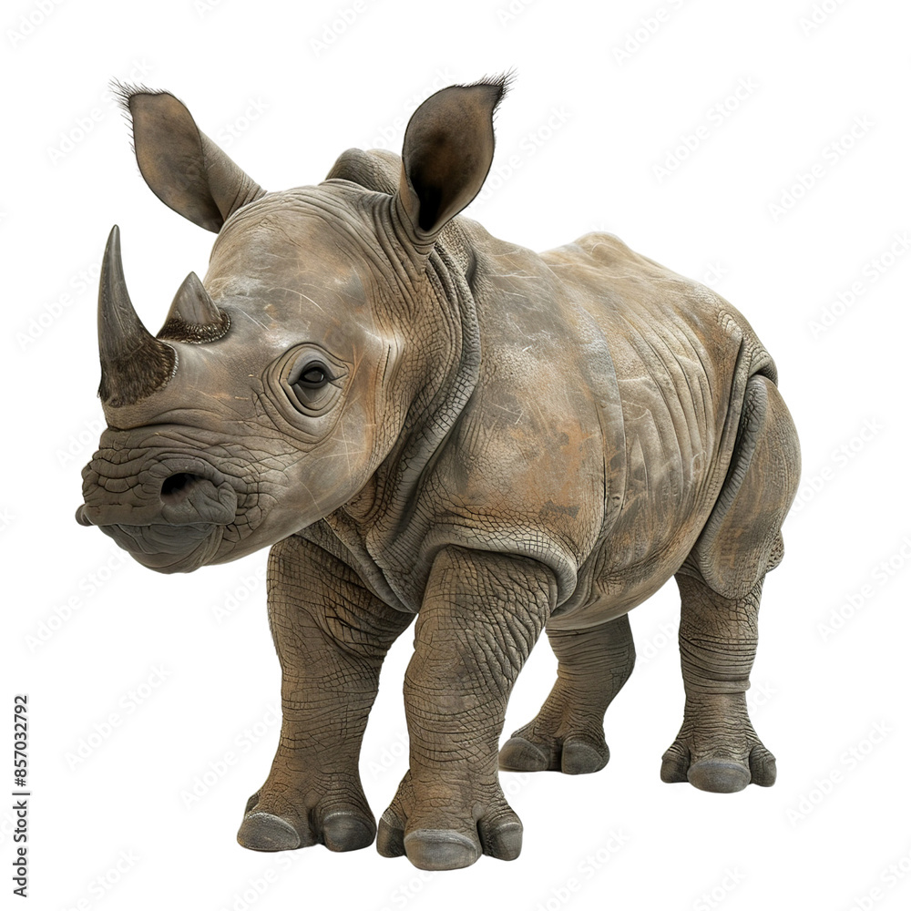 Obraz premium Close-up of a young rhinoceros calf in a natural setting, highlighting its rough textured skin and small horn, conveying wildlife beauty.