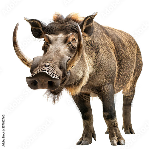 Close-up of a warthog with large tusks, brown textured skin, and hair on its head, isolated on transparent background. photo