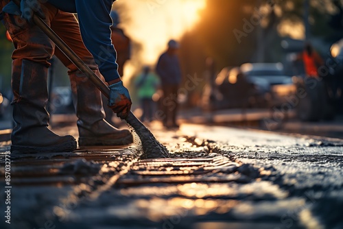 Workers are working on the construction of a new road in the city.