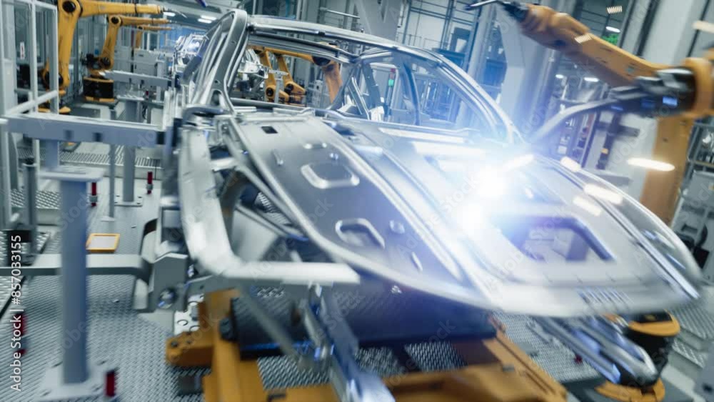 Dynamic Aerial Flyover Through Autonomous Factory with Robotic Arms Autonomously Assembling Car Frames Factory. AI, Precision Production and Manufacturing of Electric Vehicles. Cinematic Camera Angle