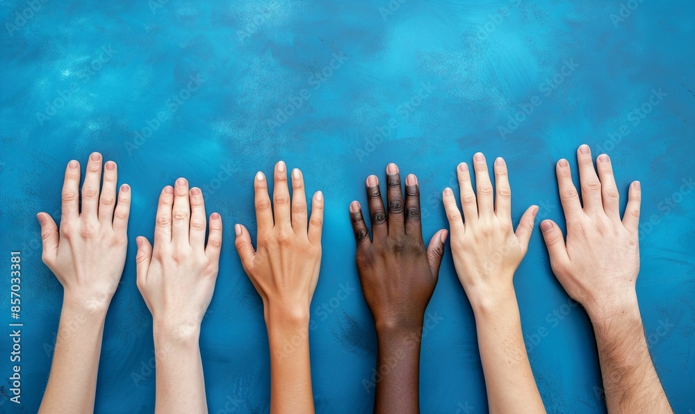 horizontal image, top view of diverse hands. Concept for Day for the Elimination of Racial Discrimination, banner, design, presentation, social media, LinkedIn. Copy space for text, blue background horizontal image, top view of diverse hands. Concept for Day for the Elimination of Racial Discrimination, banner, design, presentation, social media, LinkedIn. Copy space for text, blue background