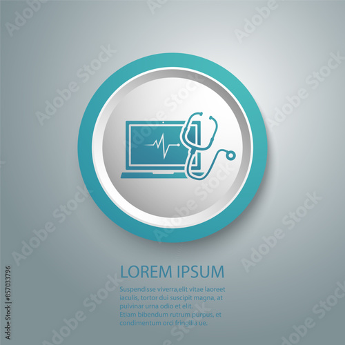 Computer diagnostic icon, medical or industry examination, stethoscope with laptop, technology maintenance, pulse on the screen, symbol on white background