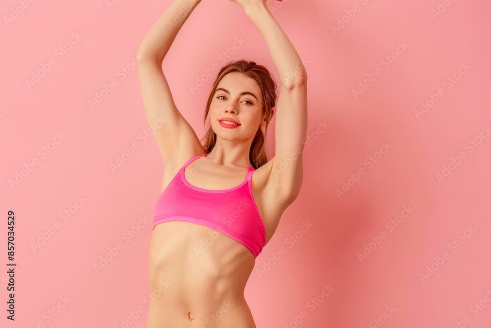 Perfect body. Slim caucasian lady posing with hands raised up. Perfect body. Slim caucasian lady posing with hands raised up.